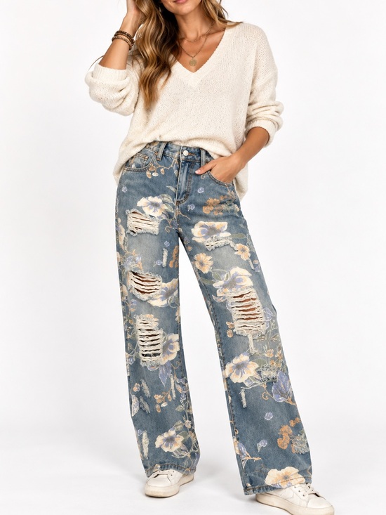 BOUTIQUE Denim - 087.New Floral Distressed Wide-Leg Jeans - Cream Floral Print